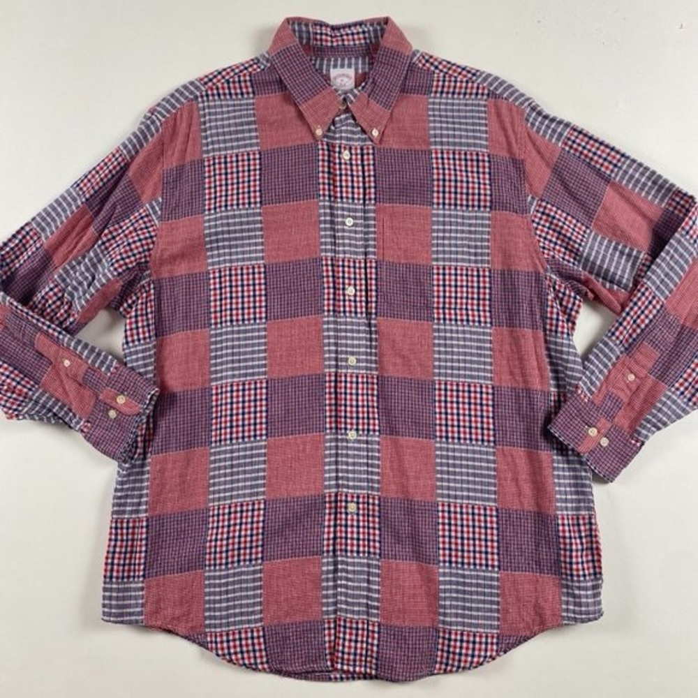 Brooks Brothers 346 Patchwork Button Down Shirt Mens XL Regular Fit Cotton Plaid